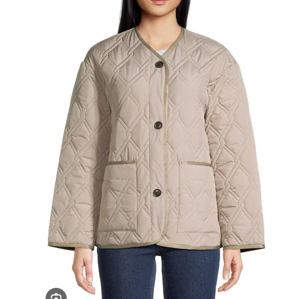 Jane Post Beige Chain Quilt Collarless Jacket Water Resistant Boxy XL NEW Fall
